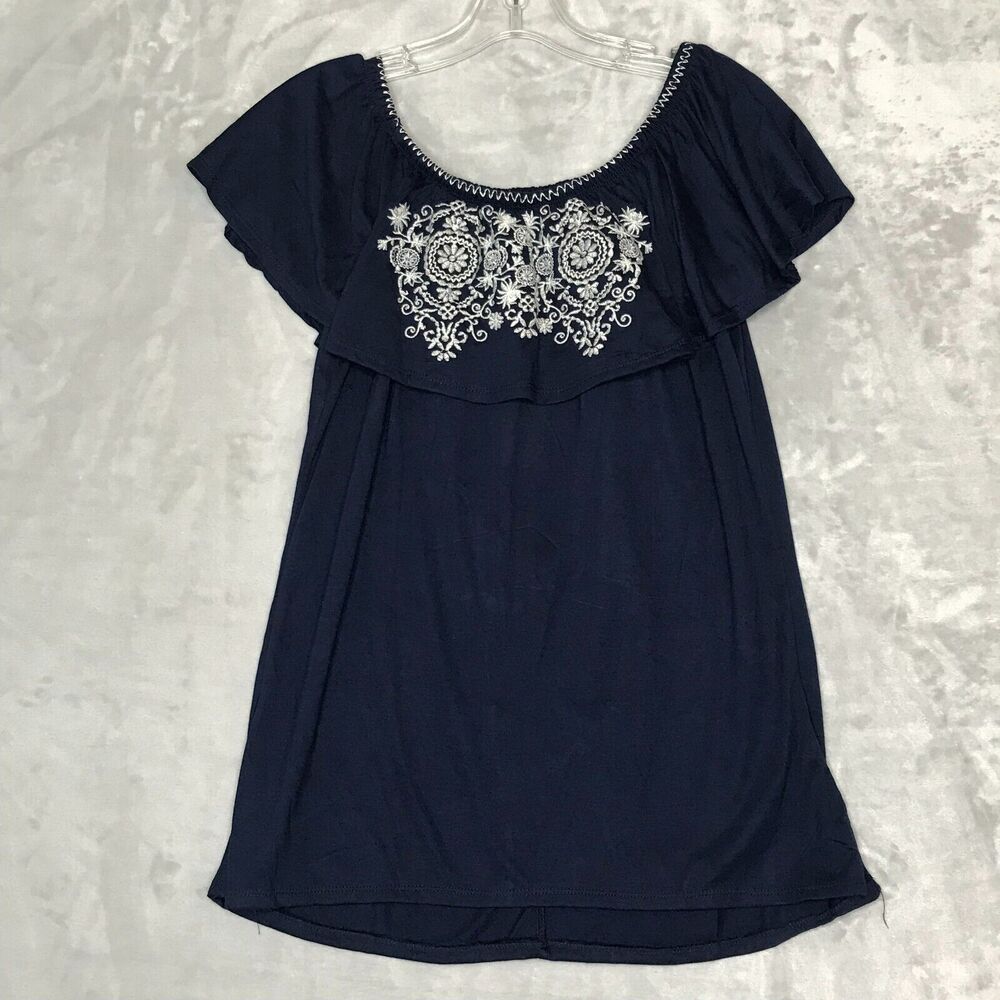 French Connection Top Womens Small Blue Off The Shoulder Embroidered NEW Knit